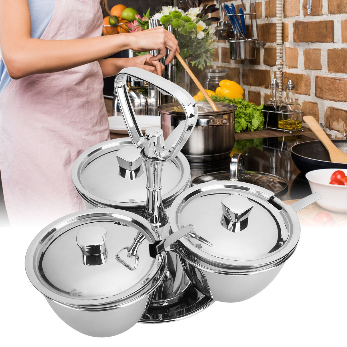 Spice Rack Kitchen Stainless Steel Seasoning Pots Condiment Set Rotating Spice Rack OrganizerJ13390(3) 3Pcs Rotating Seasoning Pot Set