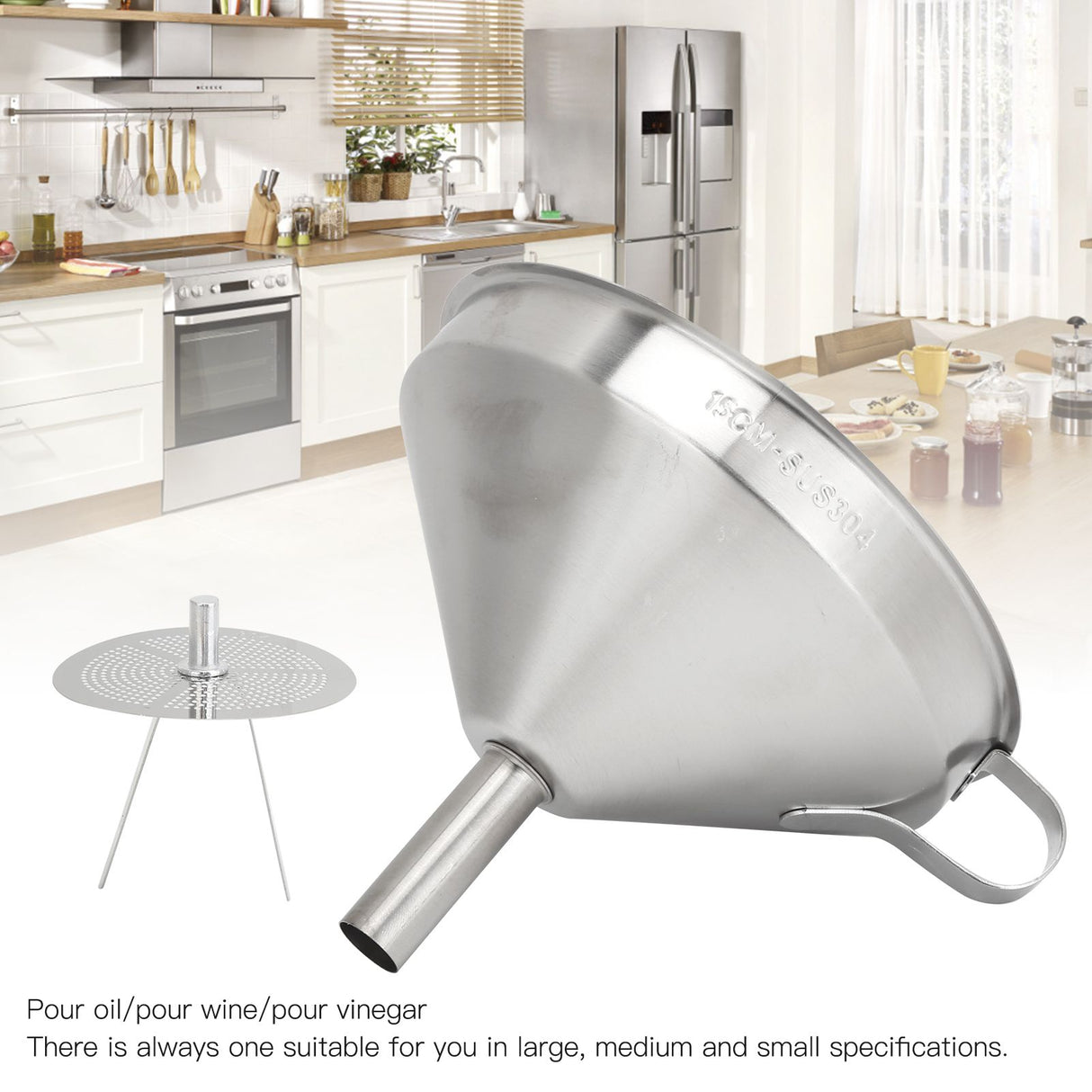 304 Stainless Steel Kitchen Funnel with Filter for Transferring of Liquid Dry Ingredients15cm Mouth Diameter