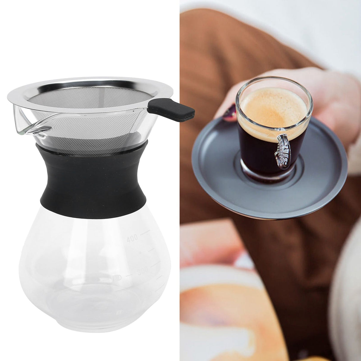 Reusable Glass Coffee Pot with Stainless Steel Filter Manual Drip Coffee Maker Set400ml