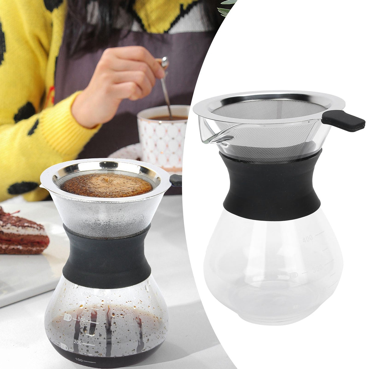 Reusable Glass Coffee Pot with Stainless Steel Filter Manual Drip Coffee Maker Set400ml