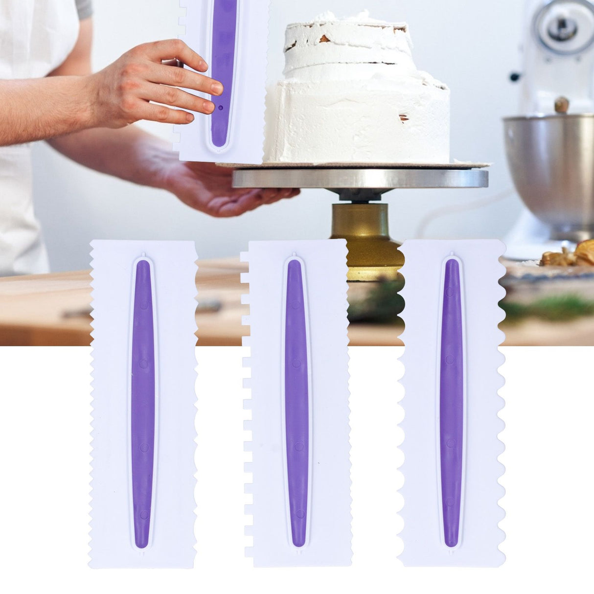 3Pcs Cake Icing Spatula Frosting Scraper Comb Edge Smoothing Decorating Tool Plastic