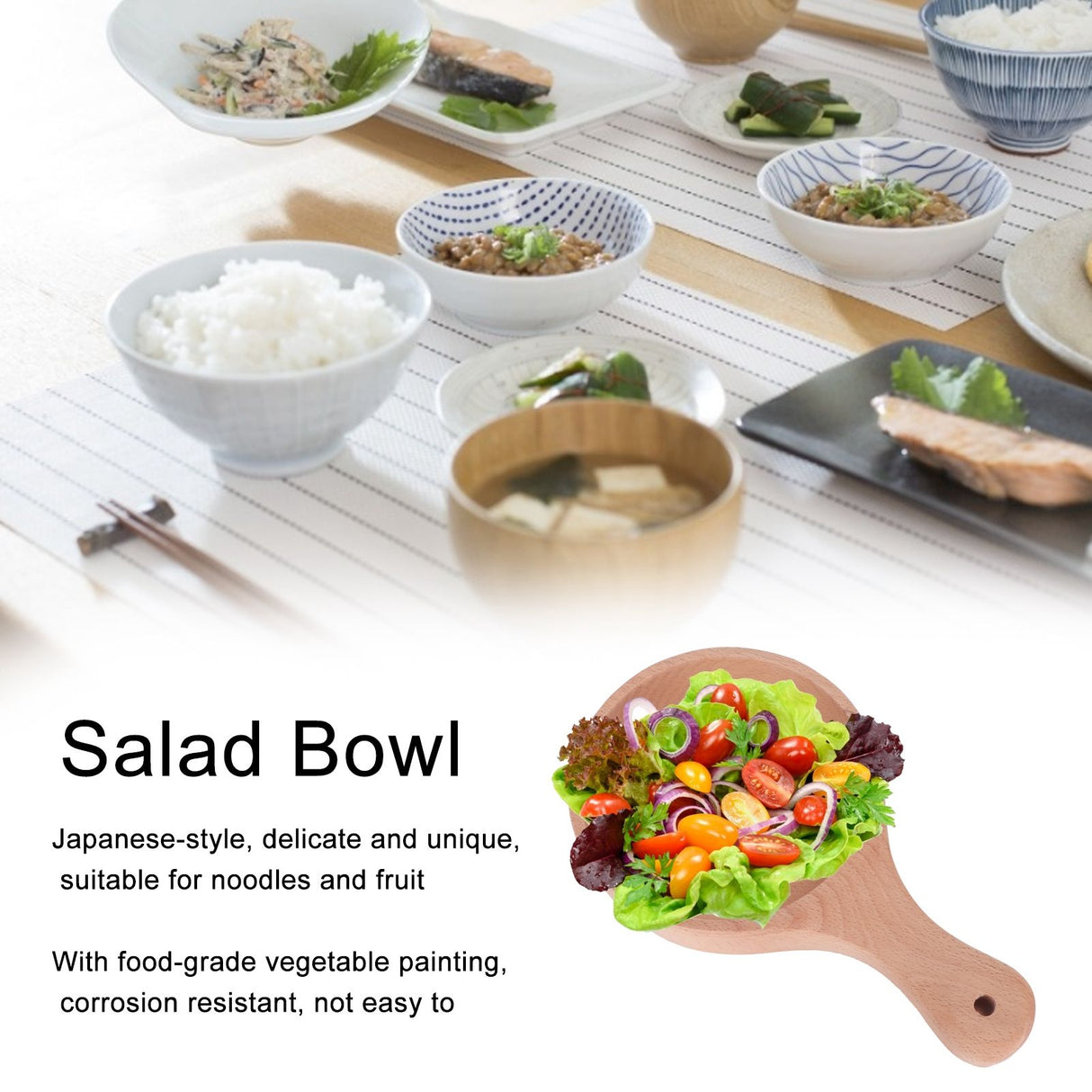 Wooden Salad Bowl with Handle JapaneseStyle Noodles Fruit Bowl Kitchen Tablewares