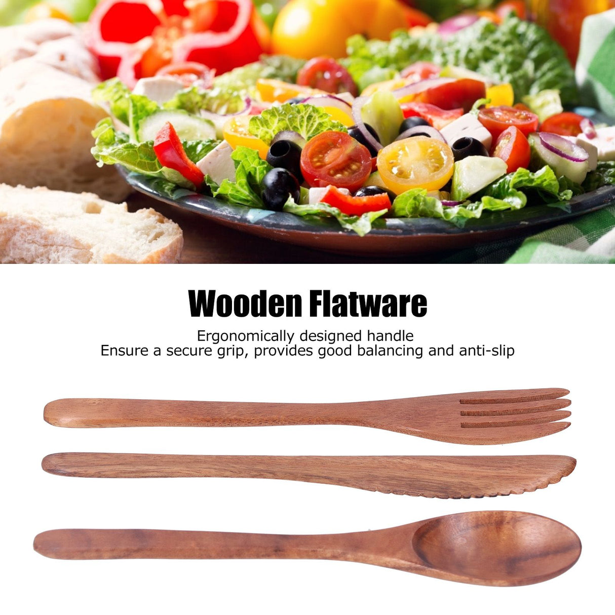 3PCS Wooden Tableware Sets Portable Fork Knife Spoon Cutlery Kitchen Dinnerware Accessories