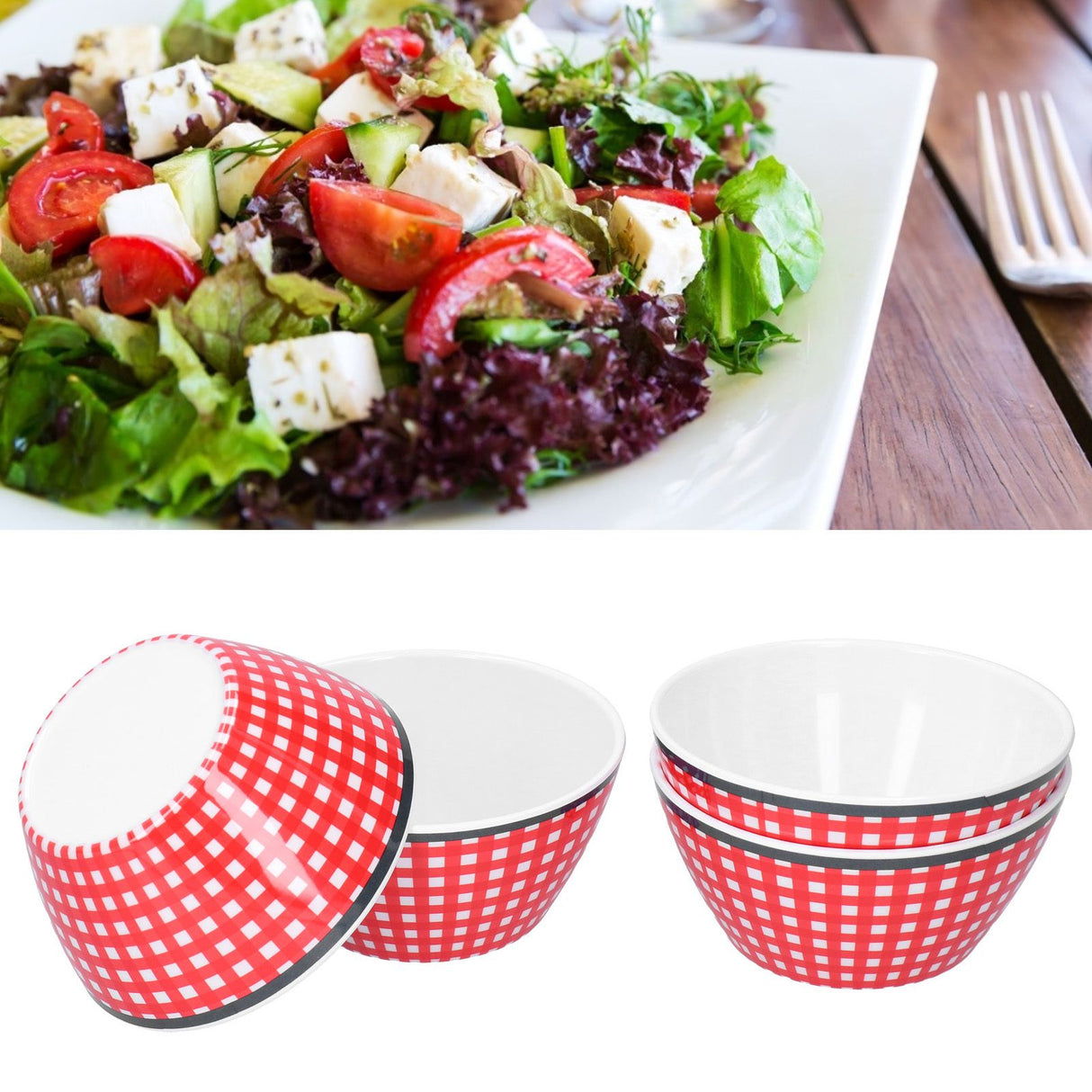 4PCS 6in Salad Bowl Dinner Serving Bowl Sets Kitchen Imitation Porcelain DinnerwareRed Grids