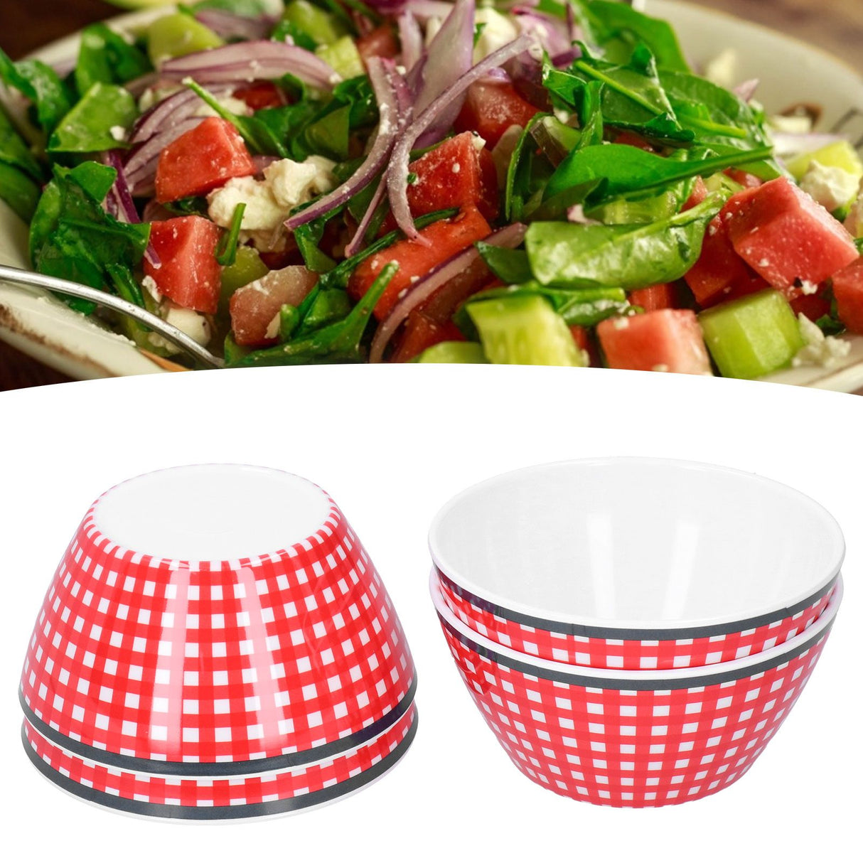 4PCS 6in Salad Bowl Dinner Serving Bowl Sets Kitchen Imitation Porcelain DinnerwareRed Grids