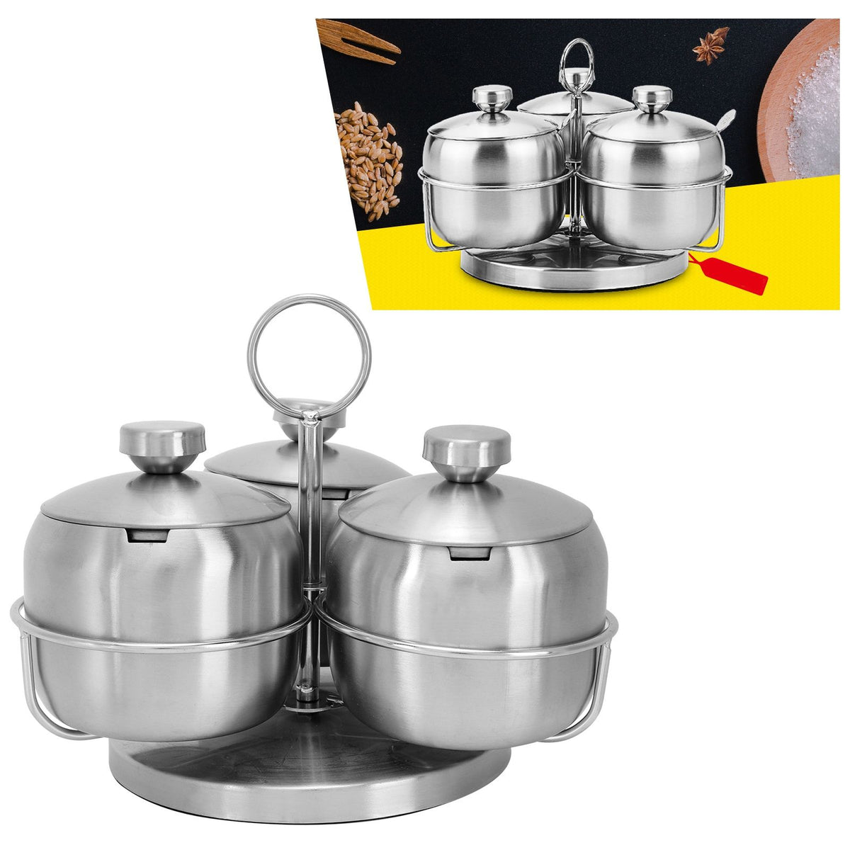 Seasoning Pot Set Innovative Rotating Condiment Spice Salt Sugar Jar Container with Lid Spoon