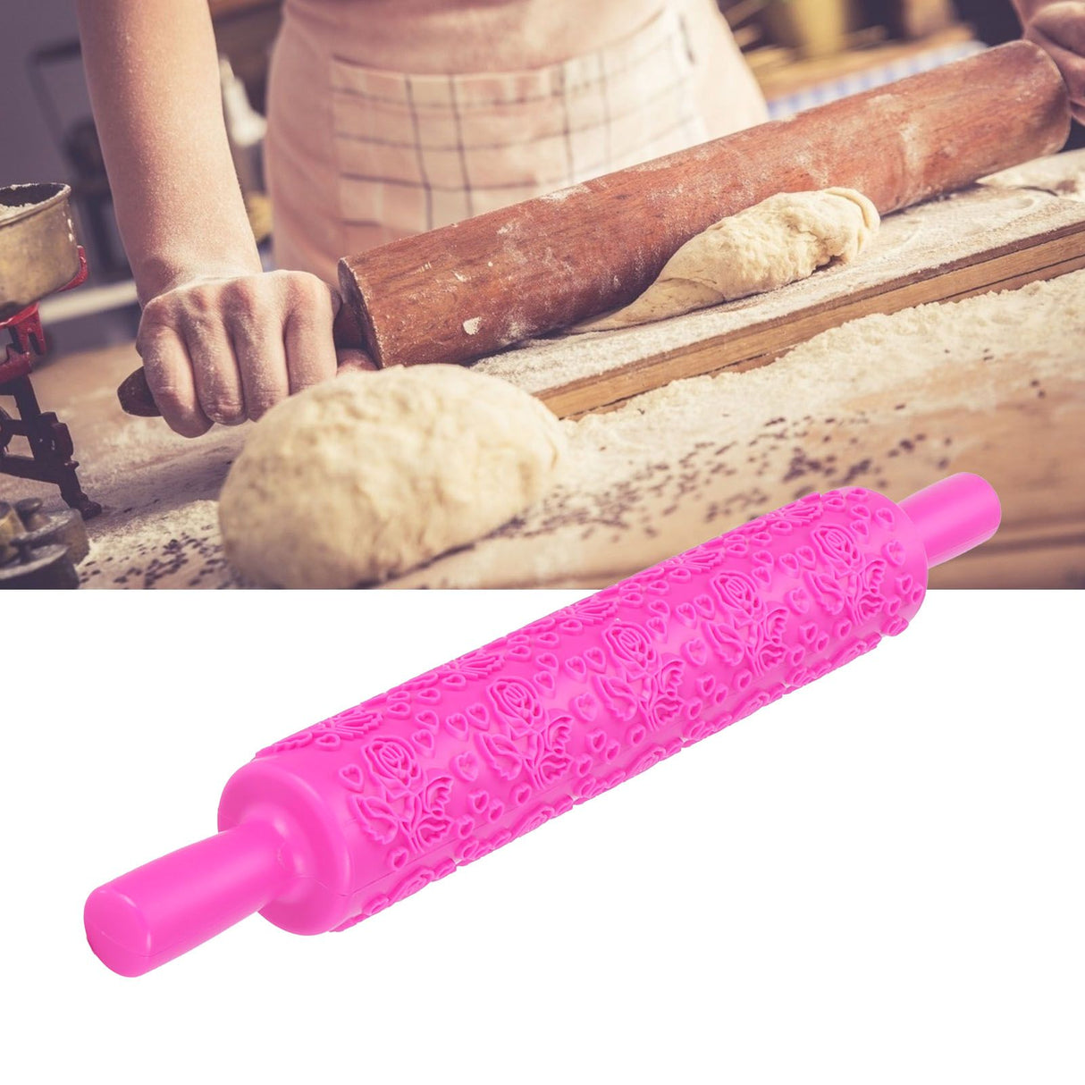 Fondant Rolling Pin Plastic Embossed Roller for Cookies Biscuits Pastry Cake DecorationRose