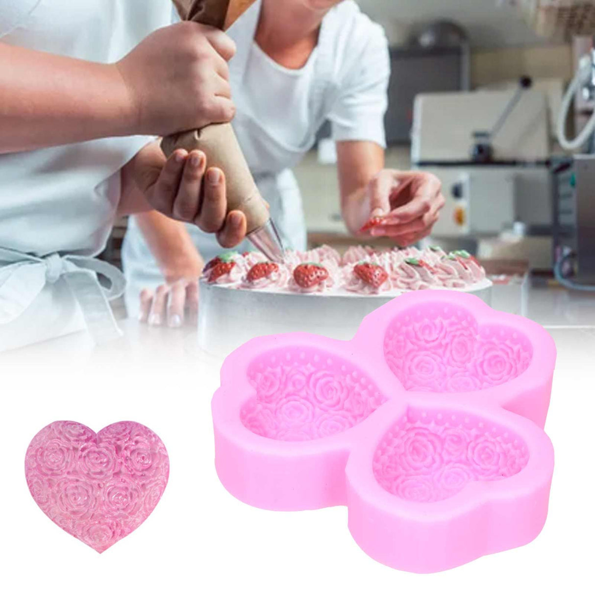 3 Cavity HeartShaped Rose Soap Mold Silicone Cake Fondant Decoration Utensils(Pink )