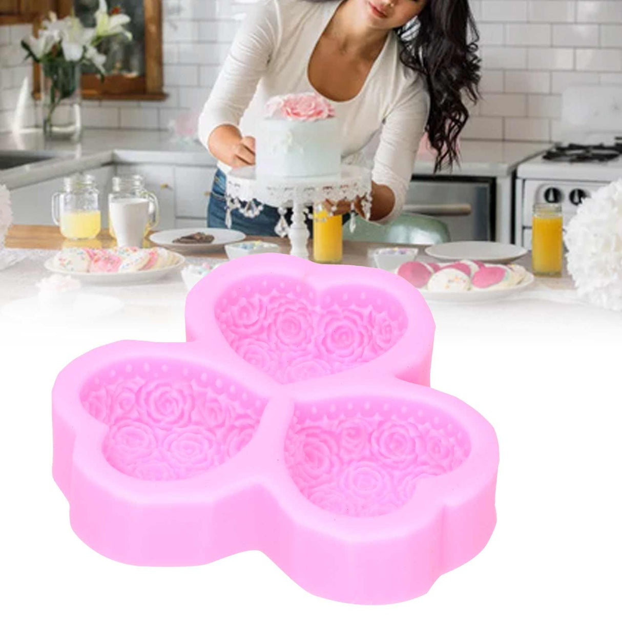 3 Cavity HeartShaped Rose Soap Mold Silicone Cake Fondant Decoration Utensils(Pink )