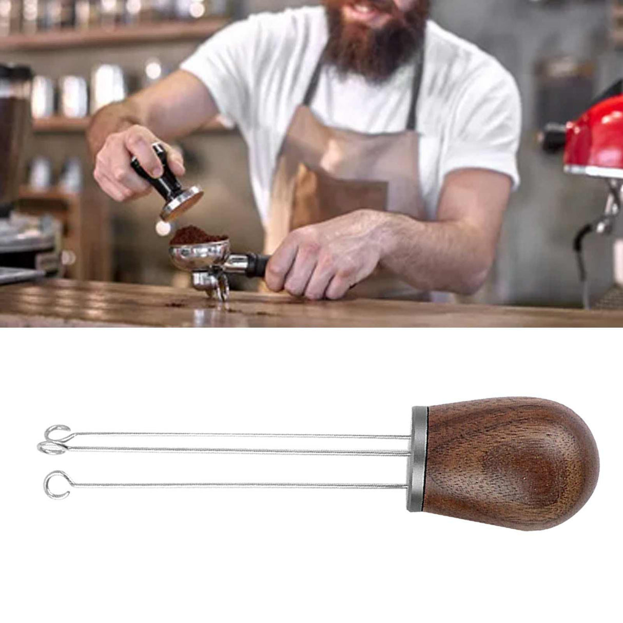 Needle Type Coffee Powder Distributor Wood Handle Coffee Stirrer Distribution Tool(Couvercle argenté noyer )