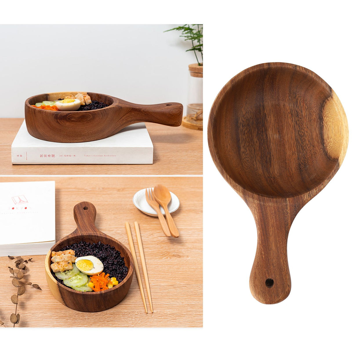 Wooden Salad Bowl with Handle Home Food Grade Kimchi Fruit Serving Bowl Home Kitchen Supplies