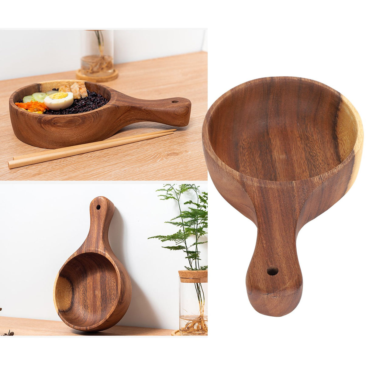 Wooden Salad Bowl with Handle Home Food Grade Kimchi Fruit Serving Bowl Home Kitchen Supplies