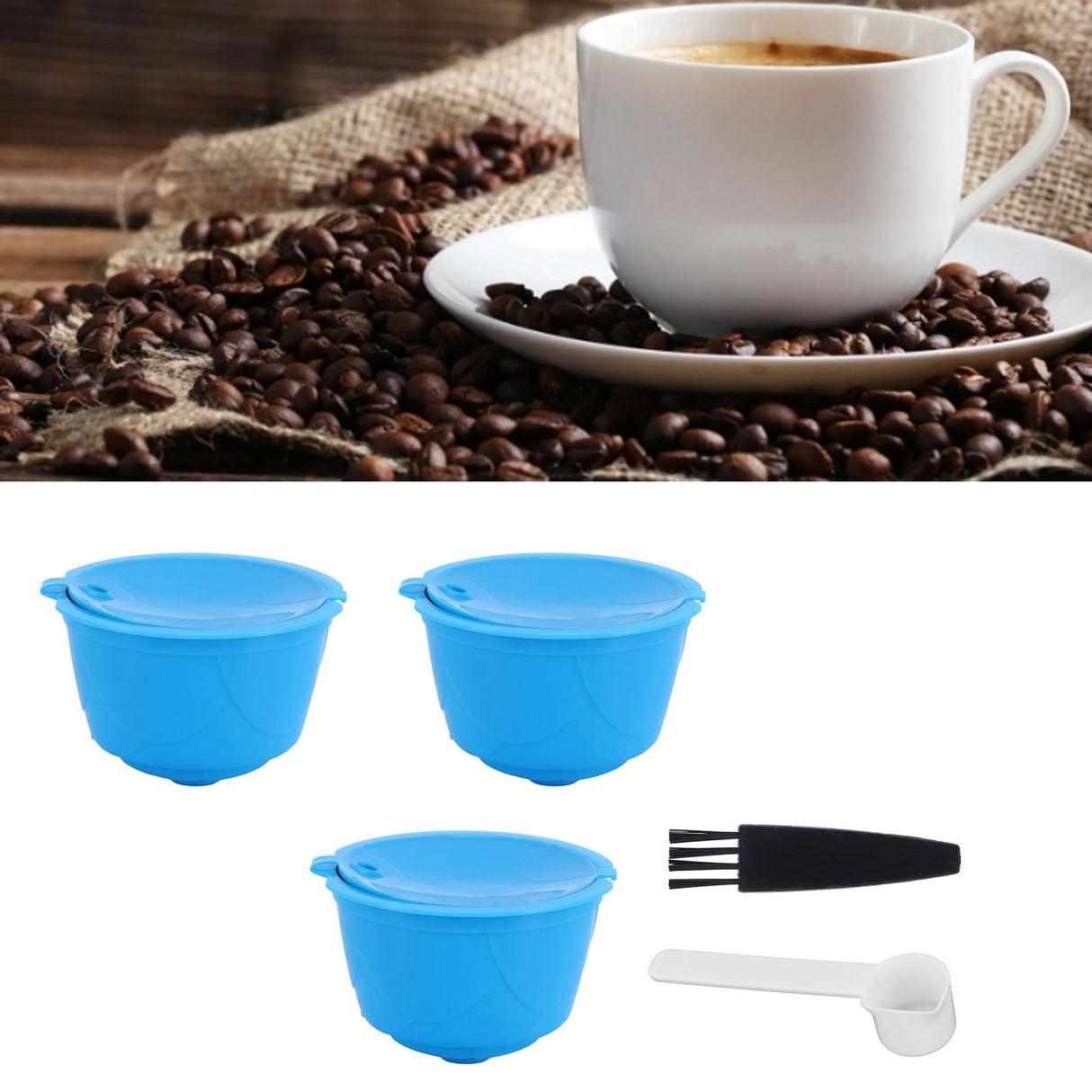 Refillable Coffee Capsule Filter Cup Kit Accessories for DOLCE GUSTO Coffee Machine(Blue 3 Capsules1 Spoon 1 Brush)