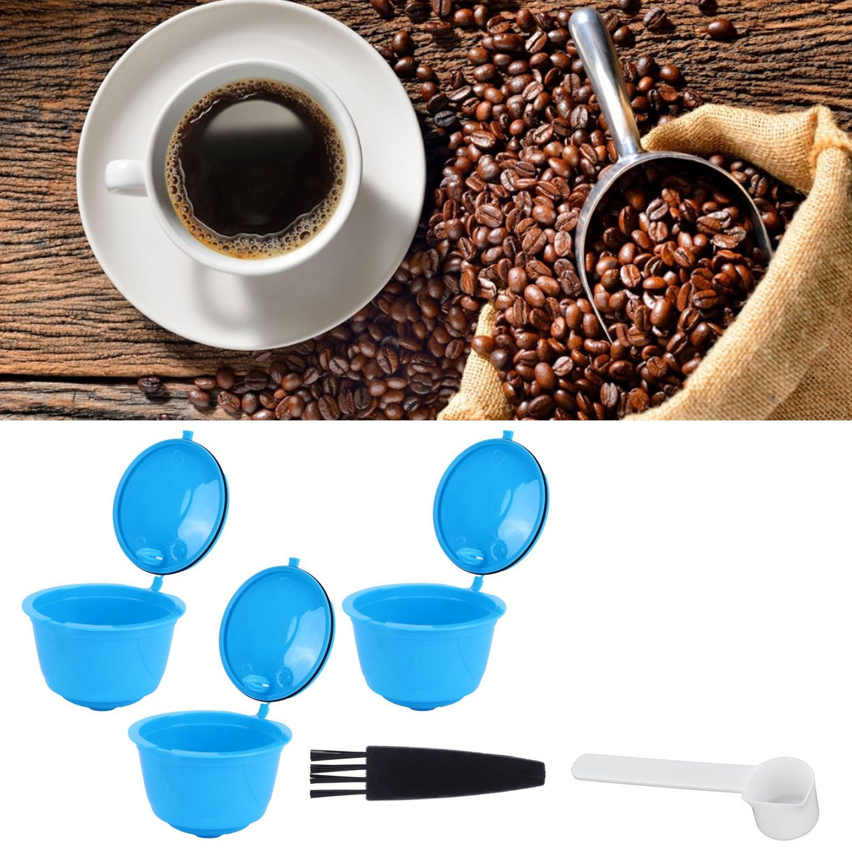 Refillable Coffee Capsule Filter Cup Kit Accessories for DOLCE GUSTO Coffee Machine(Blue 3 Capsules1 Spoon 1 Brush)