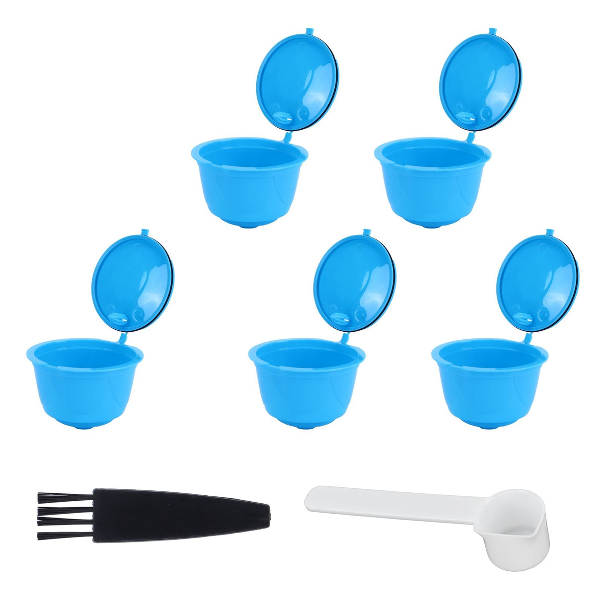 Refillable Coffee Capsule Filter Cup Kit Accessories for DOLCE GUSTO Coffee Machine(Blue 5 Capsules1 Spoon 1 Brush)