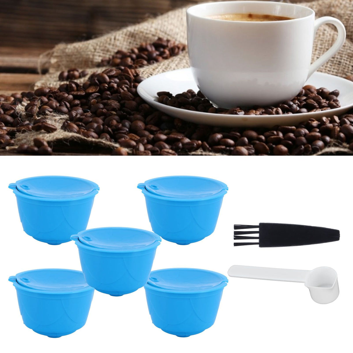 Refillable Coffee Capsule Filter Cup Kit Accessories for DOLCE GUSTO Coffee Machine(Blue 5 Capsules1 Spoon 1 Brush)