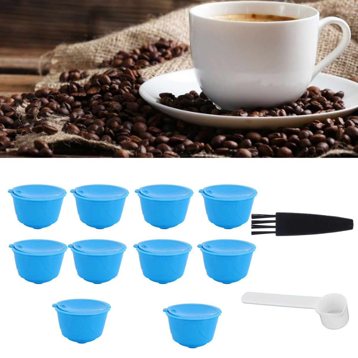 Refillable Coffee Capsule Filter Cup Kit Accessories for DOLCE GUSTO Coffee Machine(Blue 10 Capsules1 Spoon 1 Brush)