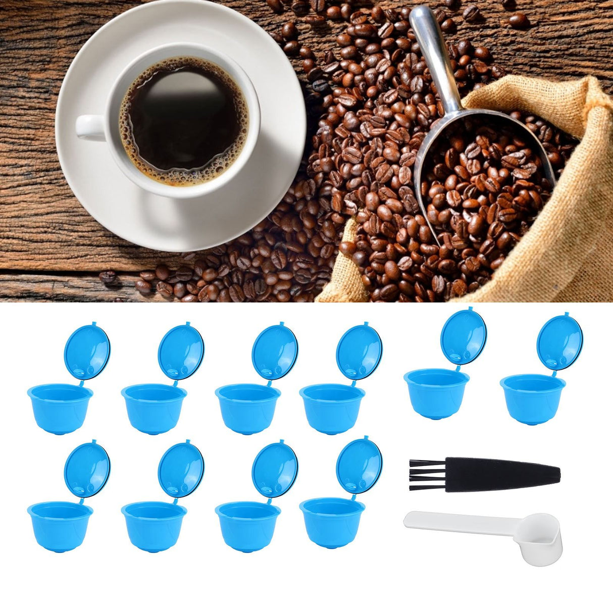 Refillable Coffee Capsule Filter Cup Kit Accessories for DOLCE GUSTO Coffee Machine(Blue 10 Capsules1 Spoon 1 Brush)