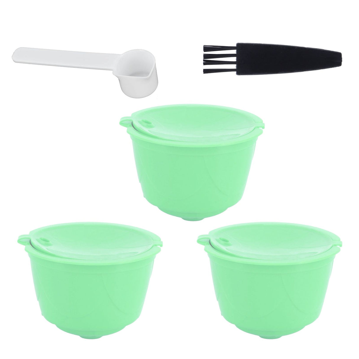 Coffee Capsule Set Stainless Steel Coffee Filter Cup for DOLCE GUSTO Coffee Machine(Green 3 Capsules1 Spoon 1 Brush)