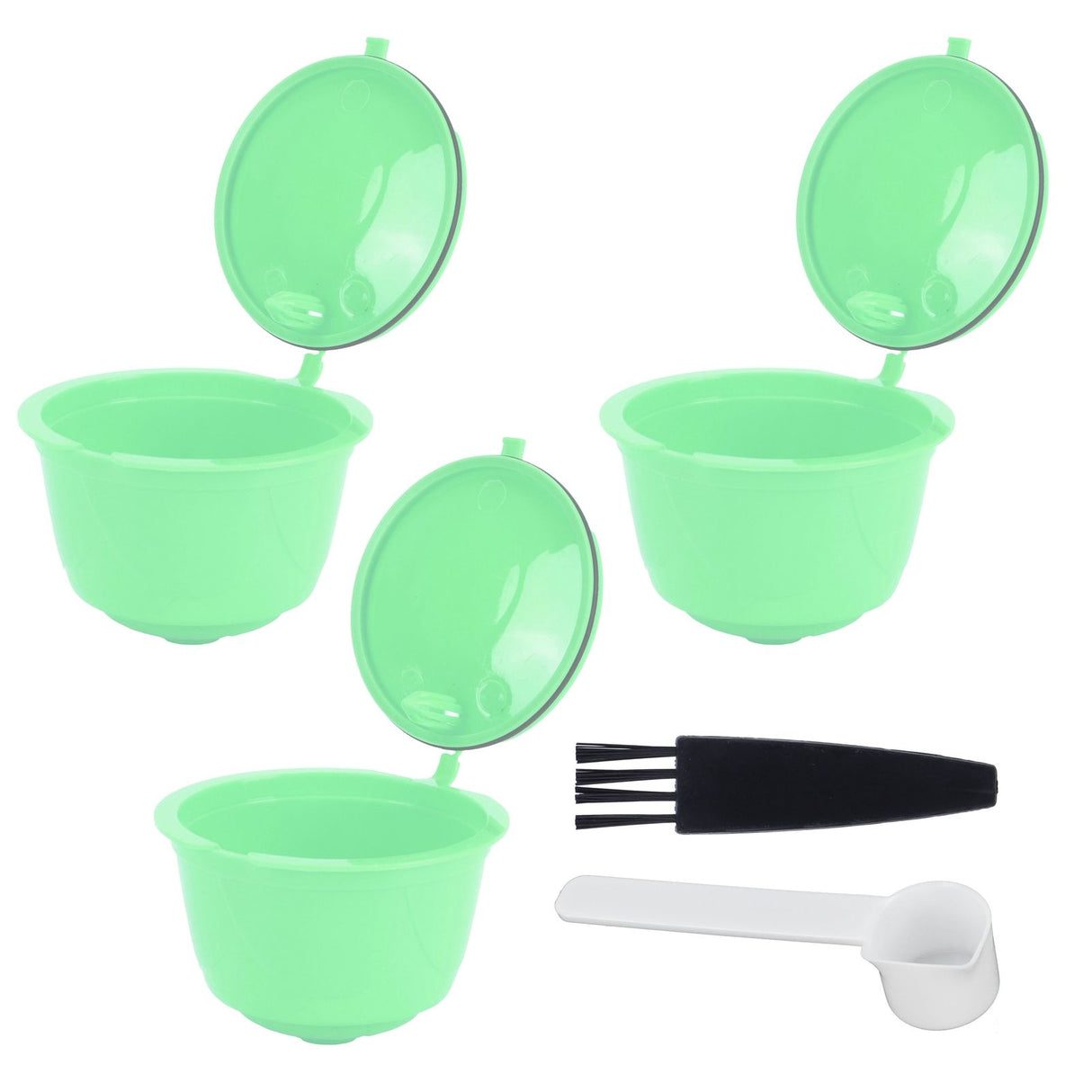 Coffee Capsule Set Stainless Steel Coffee Filter Cup for DOLCE GUSTO Coffee Machine(Green 3 Capsules1 Spoon 1 Brush)