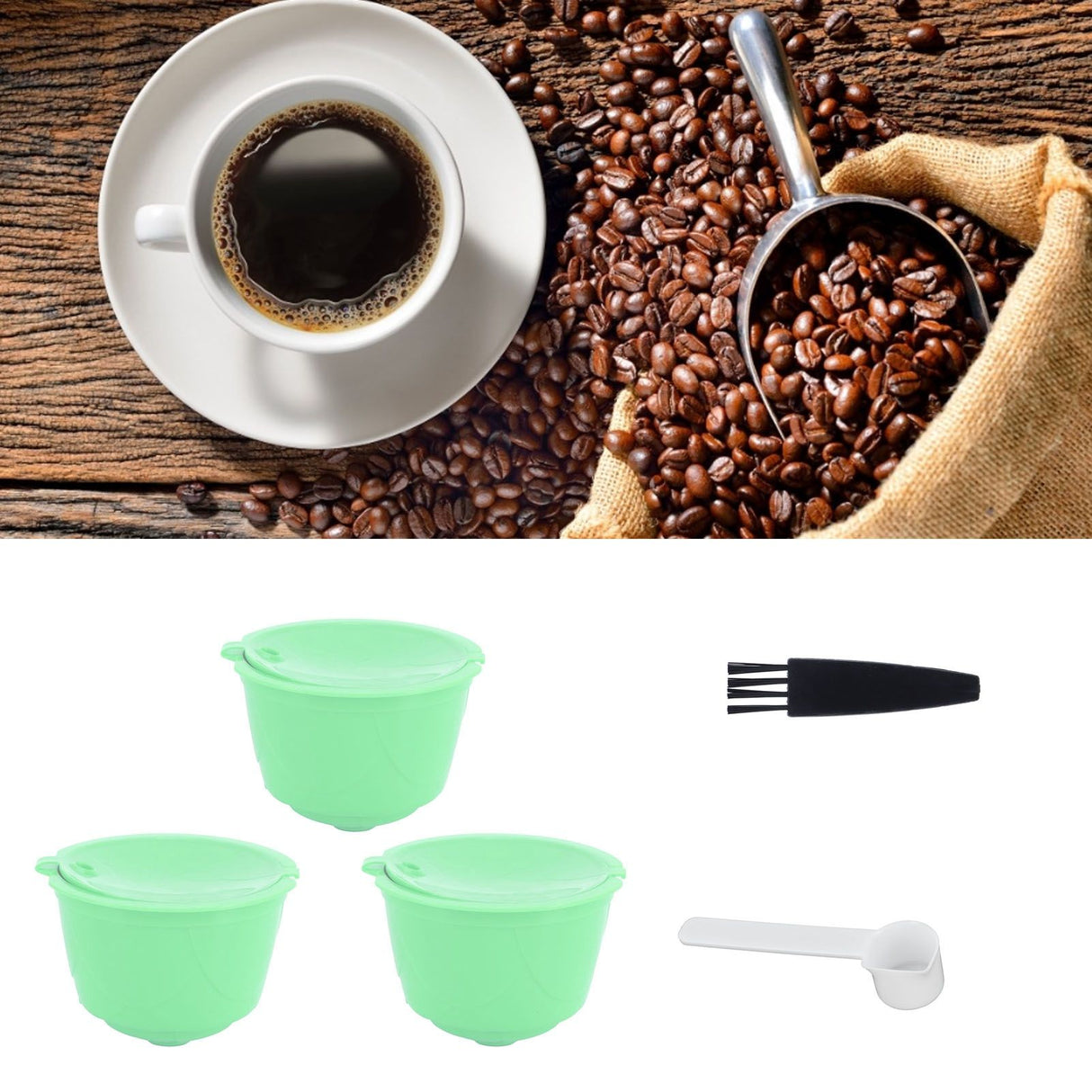 Coffee Capsule Set Stainless Steel Coffee Filter Cup for DOLCE GUSTO Coffee Machine(Green 3 Capsules1 Spoon 1 Brush)