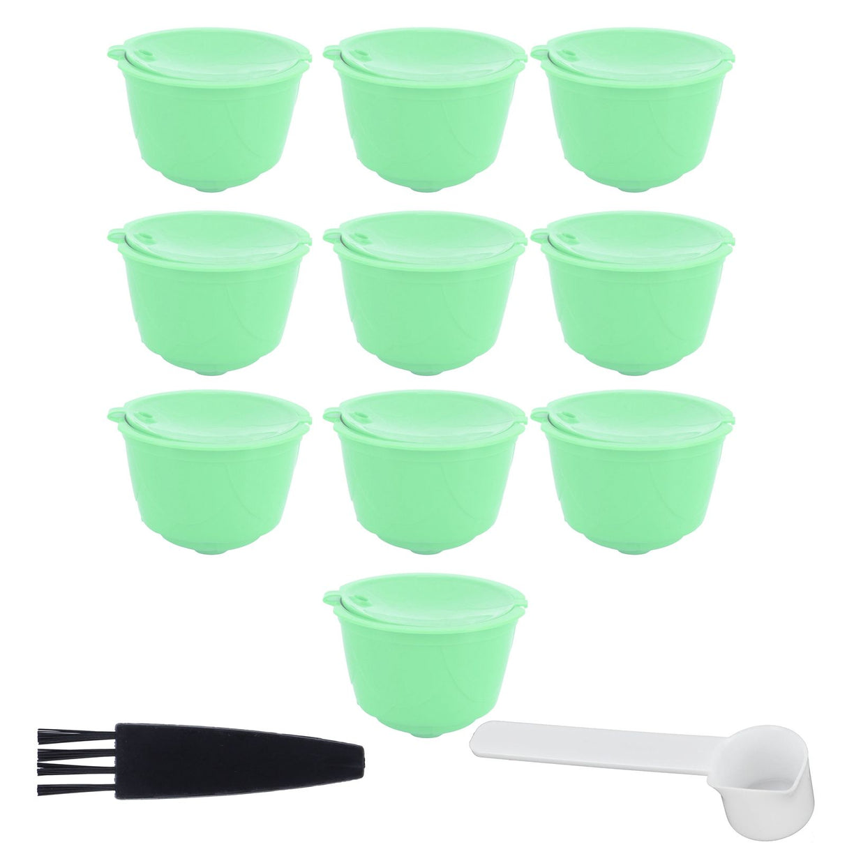 Coffee Capsule Set Stainless Steel Coffee Filter Cup for DOLCE GUSTO Coffee Machine(Green 10 Capsules1 Spoon 1 Brush)