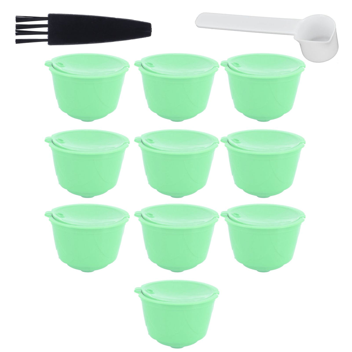 Coffee Capsule Set Stainless Steel Coffee Filter Cup for DOLCE GUSTO Coffee Machine(Green 10 Capsules1 Spoon 1 Brush)