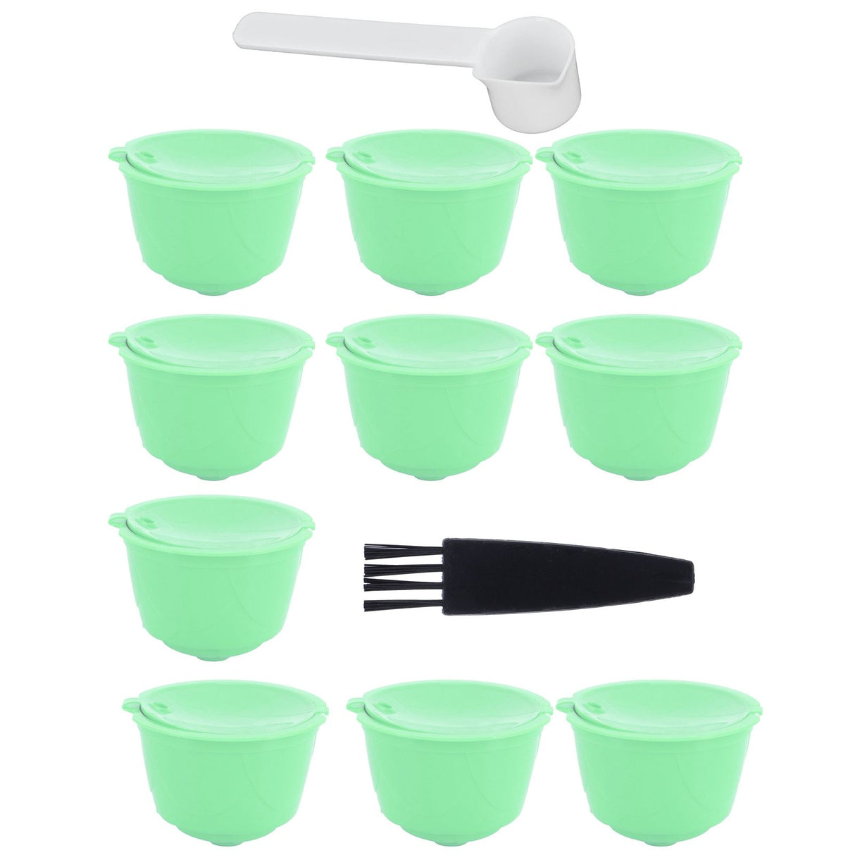Coffee Capsule Set Stainless Steel Coffee Filter Cup for DOLCE GUSTO Coffee Machine(Green 10 Capsules1 Spoon 1 Brush)