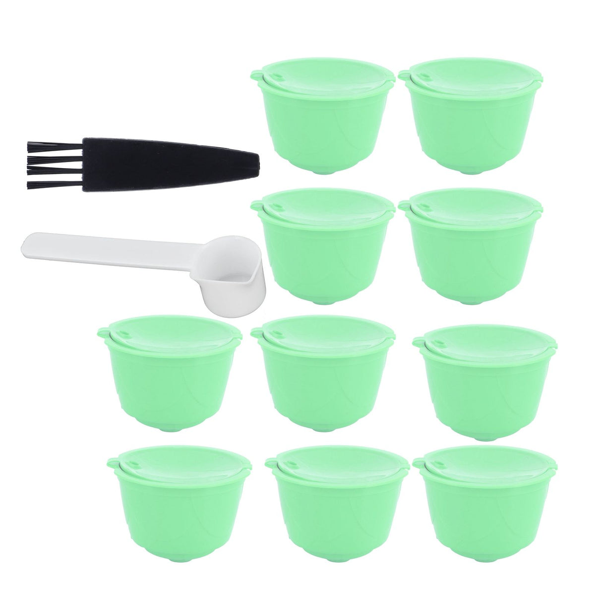 Coffee Capsule Set Stainless Steel Coffee Filter Cup for DOLCE GUSTO Coffee Machine(Green 10 Capsules1 Spoon 1 Brush)