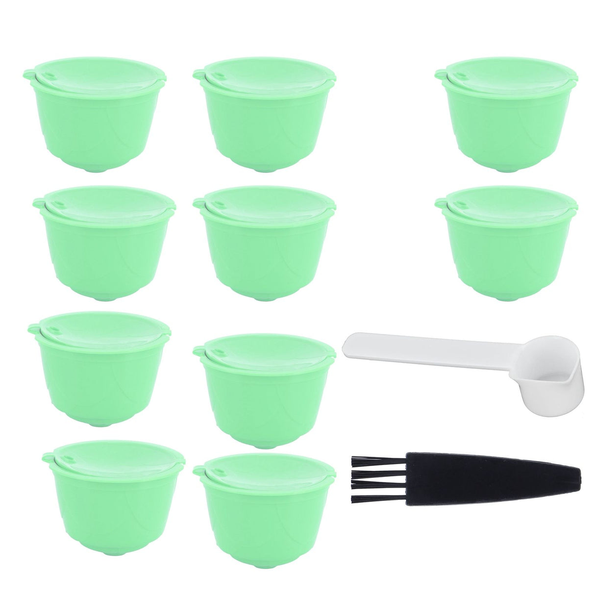 Coffee Capsule Set Stainless Steel Coffee Filter Cup for DOLCE GUSTO Coffee Machine(Green 10 Capsules1 Spoon 1 Brush)
