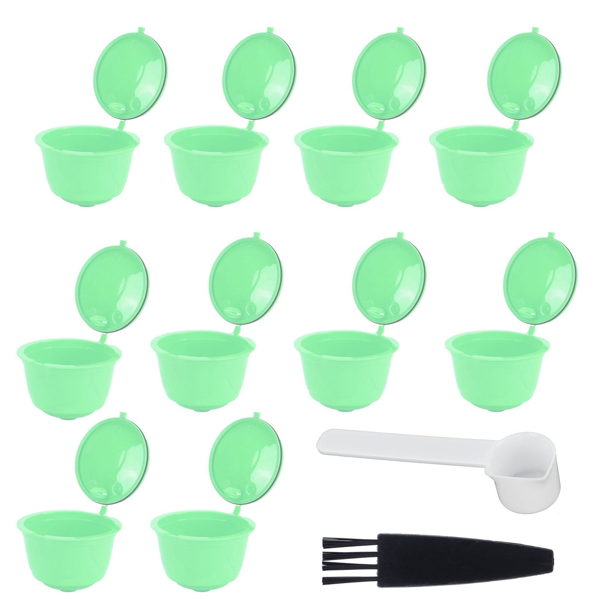 Coffee Capsule Set Stainless Steel Coffee Filter Cup for DOLCE GUSTO Coffee Machine(Green 10 Capsules1 Spoon 1 Brush)
