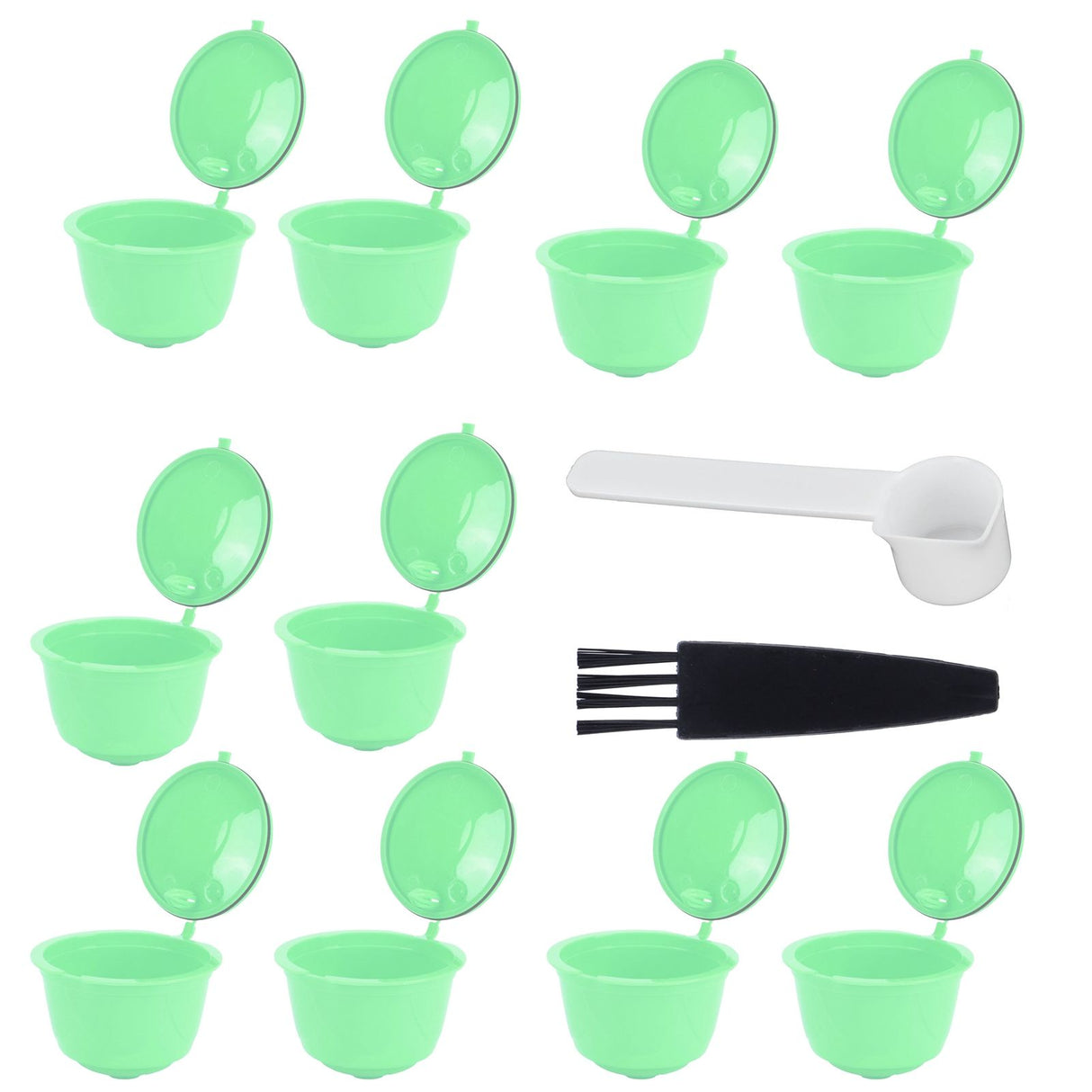 Coffee Capsule Set Stainless Steel Coffee Filter Cup for DOLCE GUSTO Coffee Machine(Green 10 Capsules1 Spoon 1 Brush)