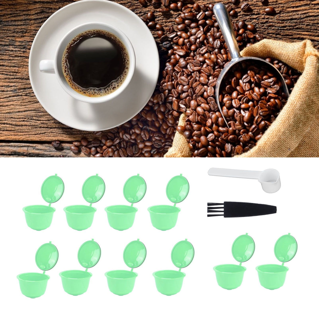 Coffee Capsule Set Stainless Steel Coffee Filter Cup for DOLCE GUSTO Coffee Machine(Green 10 Capsules1 Spoon 1 Brush)