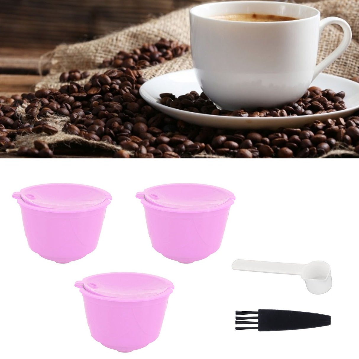 Reusable Capsules Set Refillable Coffee Filter Cup Pod for DOLCE GUSTO Coffee Machine(Purple 3 Capsules1 Spoon 1 Brush)