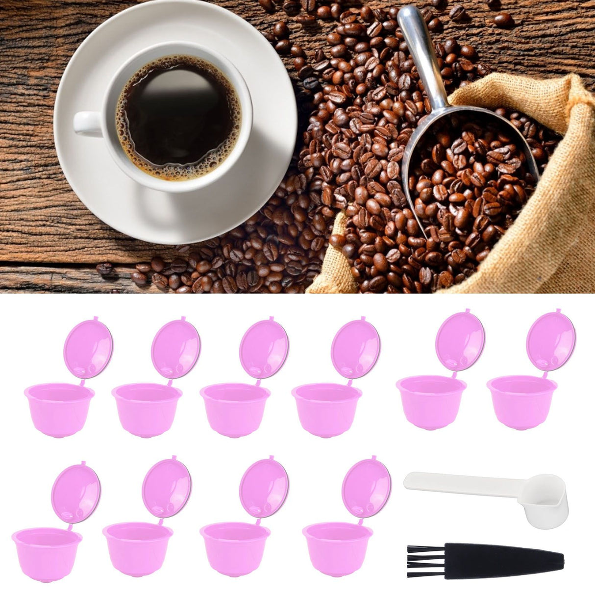 Reusable Capsules Set Refillable Coffee Filter Cup Pod for DOLCE GUSTO Coffee Machine(Purple 10 Capsules1 Spoon 1 Brush)
