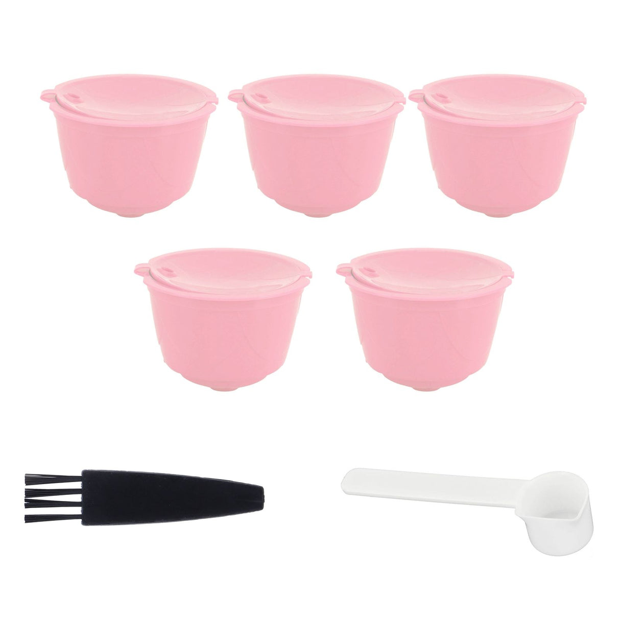 Coffee Capsules Reusable Refillable Coffee Filter Cup Kit Accessory for DOLCE GUSTO(Pink 5 Capsules1 Spoon 1 Brush)