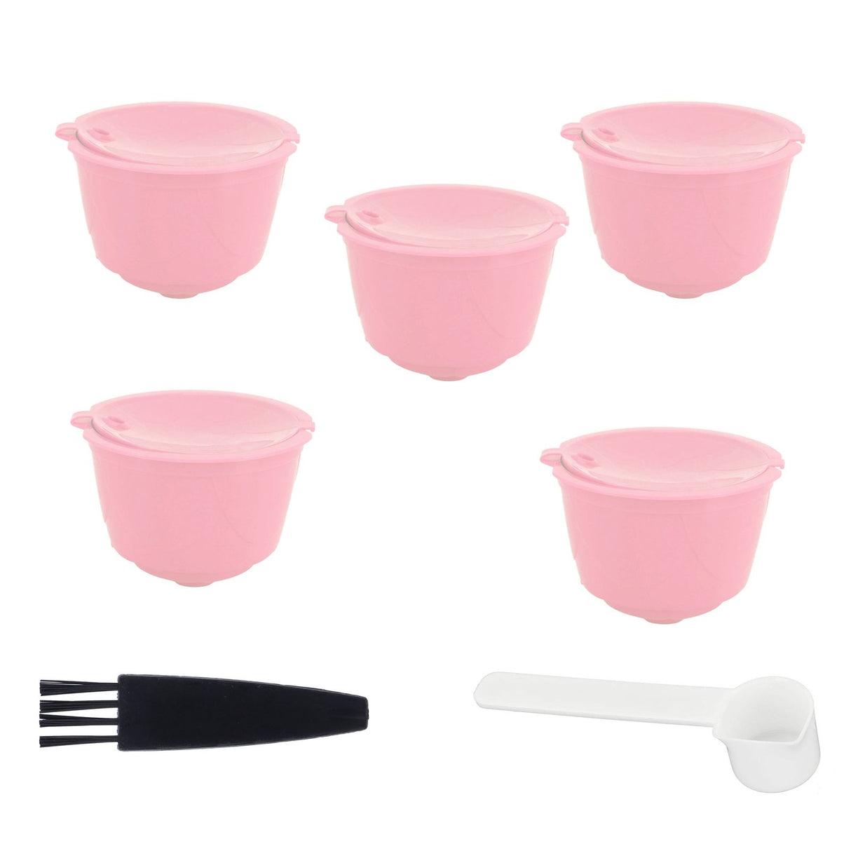 Coffee Capsules Reusable Refillable Coffee Filter Cup Kit Accessory for DOLCE GUSTO(Pink 5 Capsules1 Spoon 1 Brush)