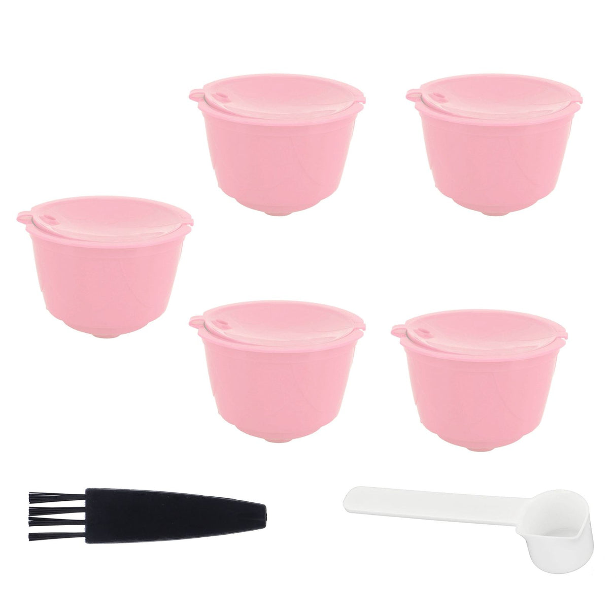 Coffee Capsules Reusable Refillable Coffee Filter Cup Kit Accessory for DOLCE GUSTO(Pink 5 Capsules1 Spoon 1 Brush)