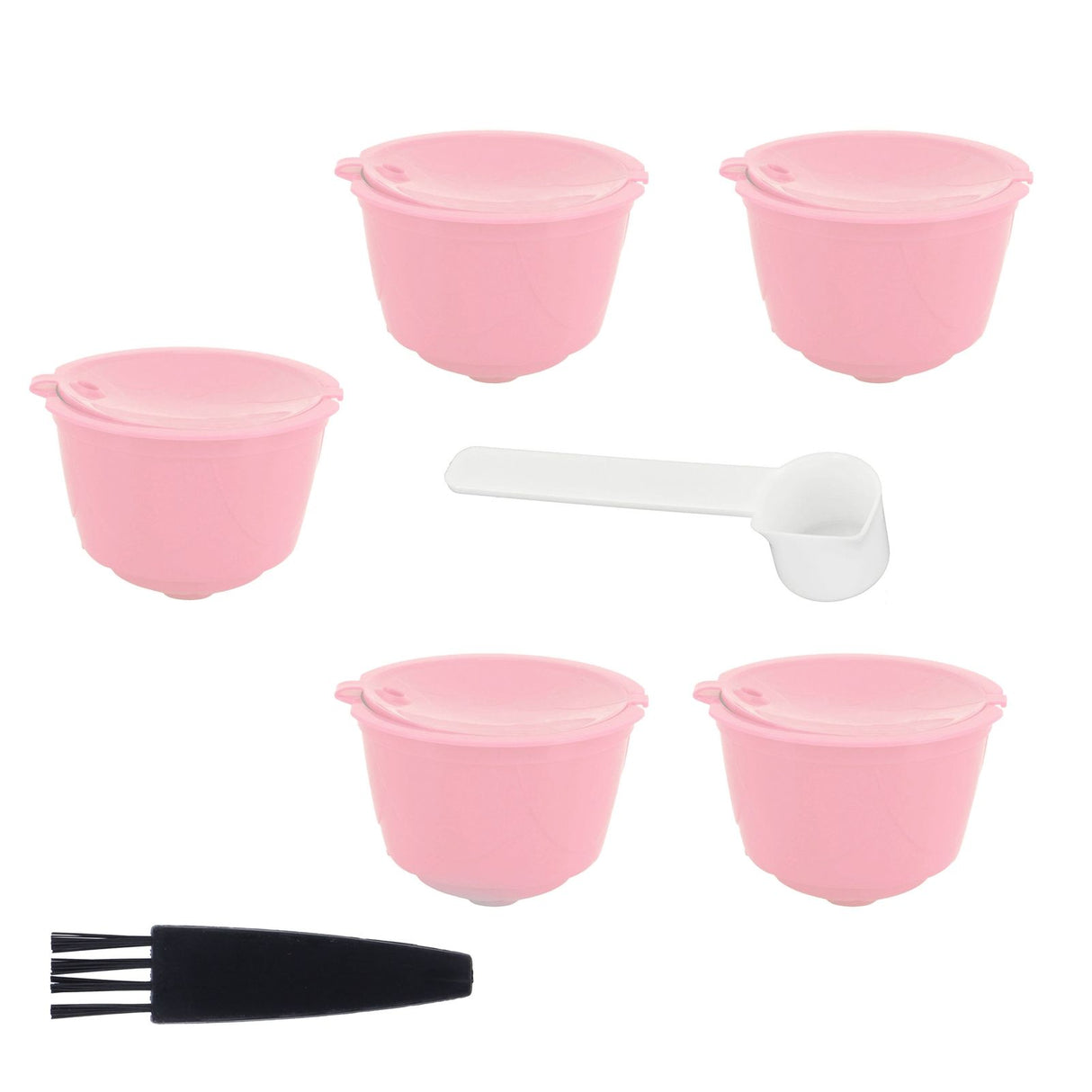 Coffee Capsules Reusable Refillable Coffee Filter Cup Kit Accessory for DOLCE GUSTO(Pink 5 Capsules1 Spoon 1 Brush)