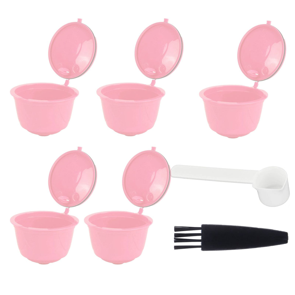 Coffee Capsules Reusable Refillable Coffee Filter Cup Kit Accessory for DOLCE GUSTO(Pink 5 Capsules1 Spoon 1 Brush)