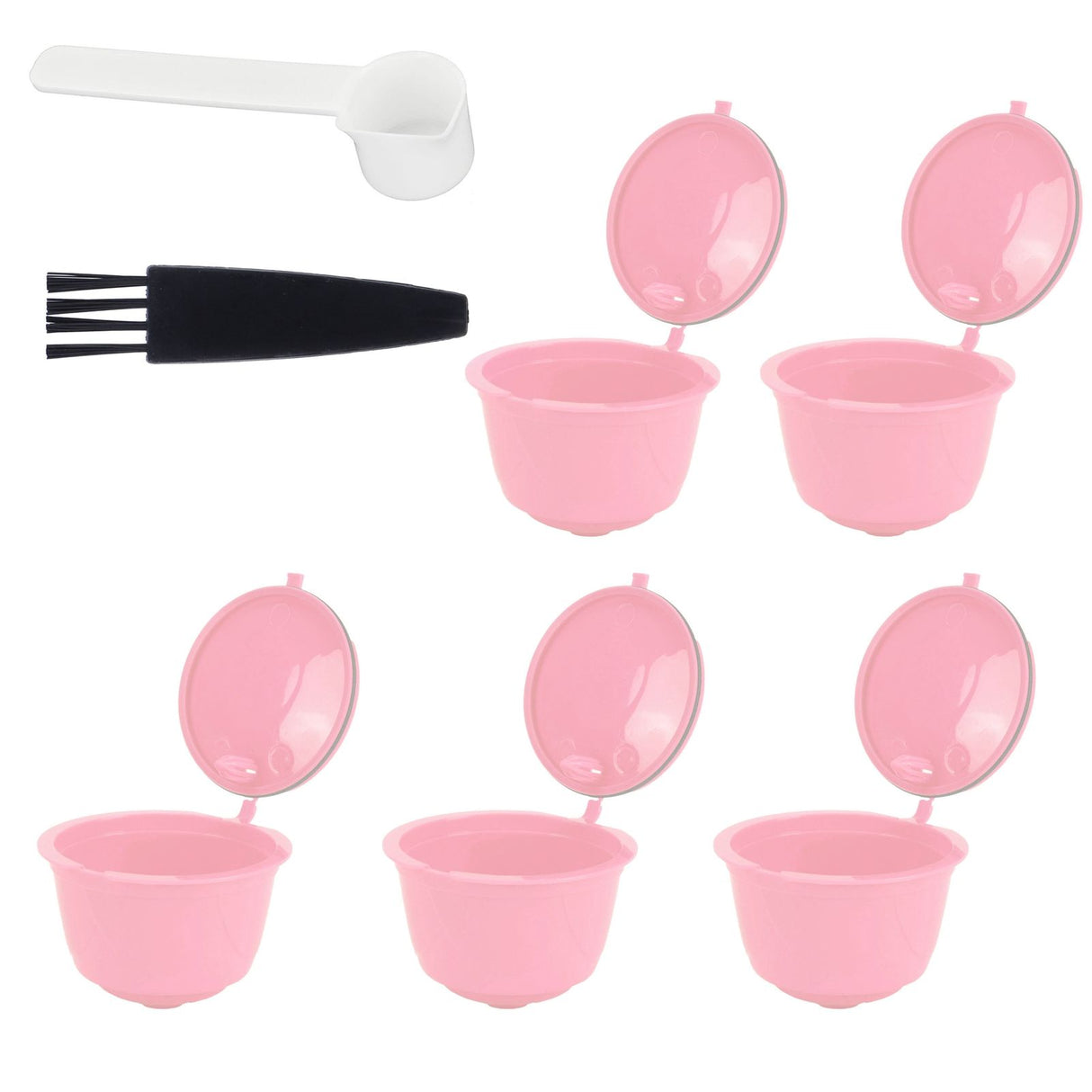 Coffee Capsules Reusable Refillable Coffee Filter Cup Kit Accessory for DOLCE GUSTO(Pink 5 Capsules1 Spoon 1 Brush)
