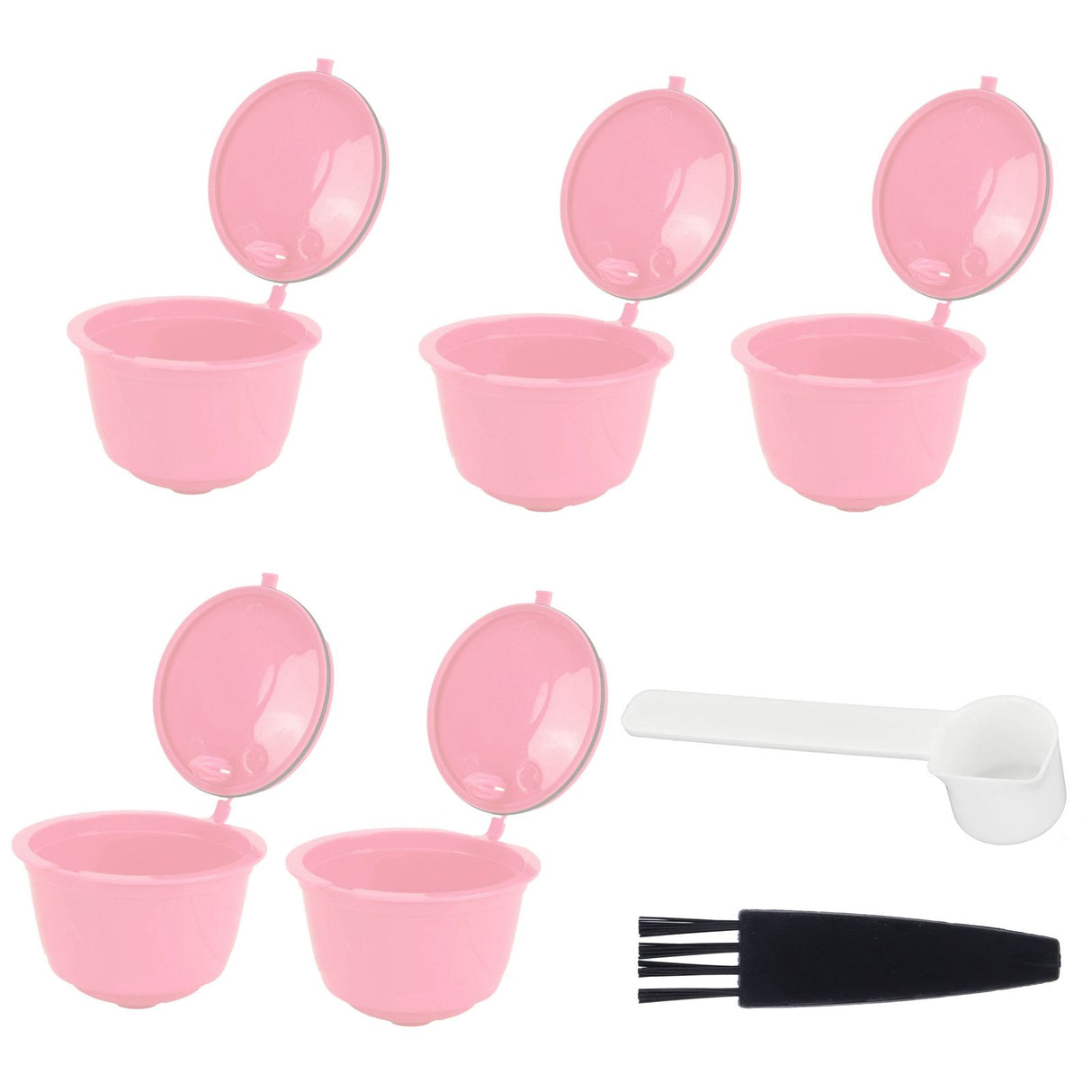Coffee Capsules Reusable Refillable Coffee Filter Cup Kit Accessory for DOLCE GUSTO(Pink 5 Capsules1 Spoon 1 Brush)