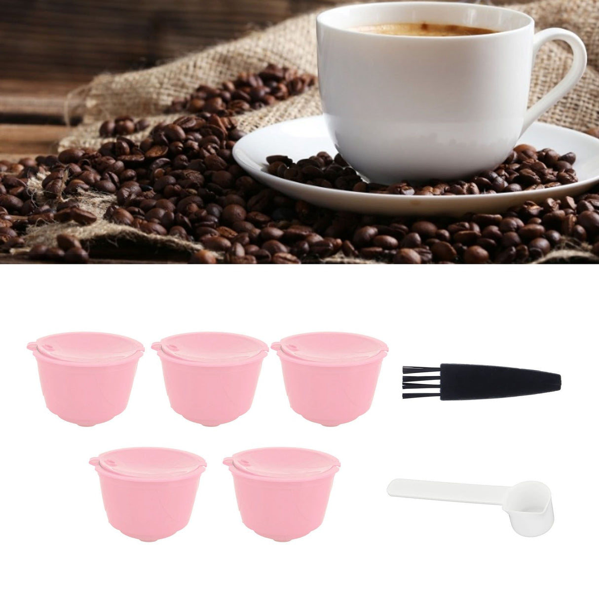 Coffee Capsules Reusable Refillable Coffee Filter Cup Kit Accessory for DOLCE GUSTO(Pink 5 Capsules1 Spoon 1 Brush)