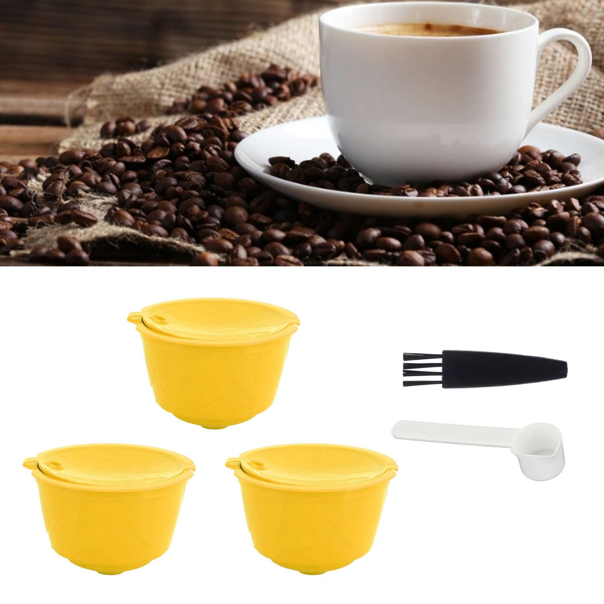 Coffee Machine Capsule Kit Reusable Coffee Filter Cup Accessories Fit for DOLCE GUSTO(Yellow 3 Capsules1 Spoon 1 Brush)