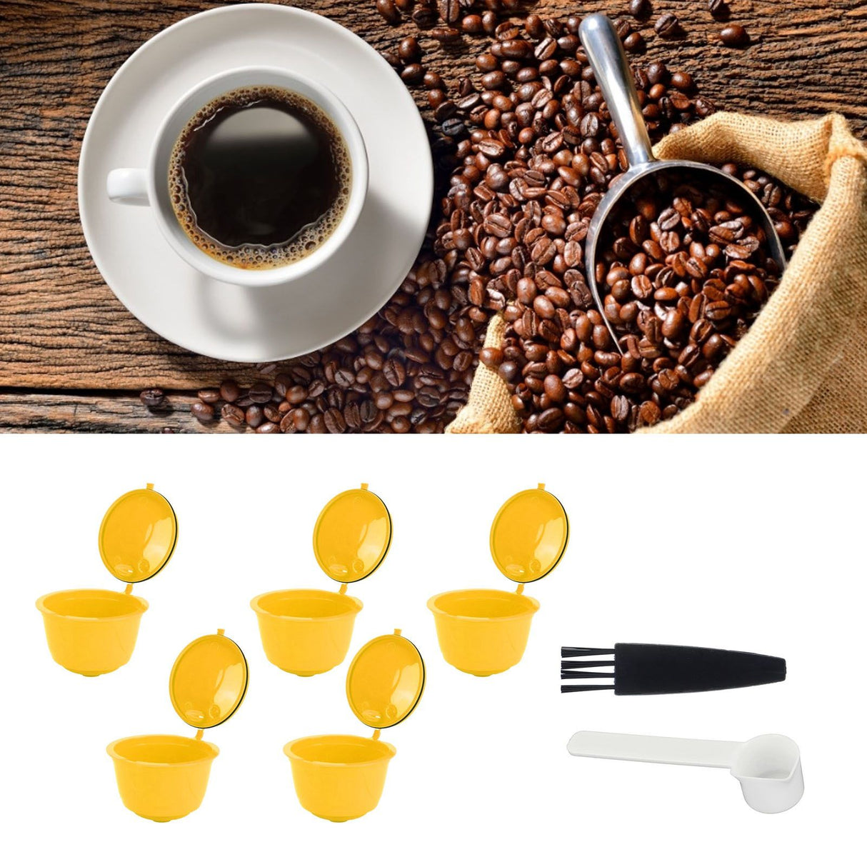 Coffee Machine Capsule Kit Reusable Coffee Filter Cup Accessories Fit for DOLCE GUSTO(Yellow 5 Capsules1 Spoon 1 Brush)