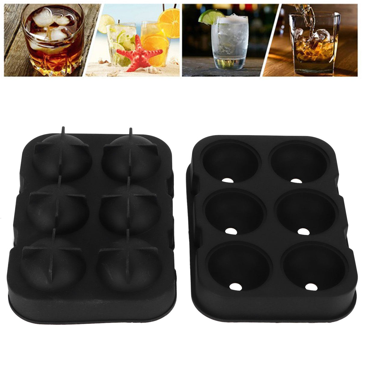 6-Grid Ice Ball Maker Black Reusable Ice Ball Mold for Beer Cocktail Wine Beverage