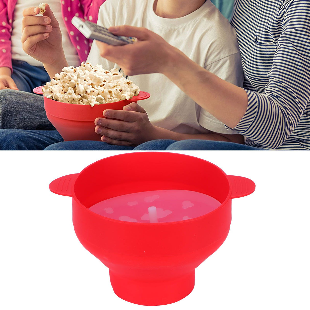 Popcorn Bucket Folding Silicone DIY Popcorn Maker Bowl with Lid Kitchen Accessory(With HandleRed )