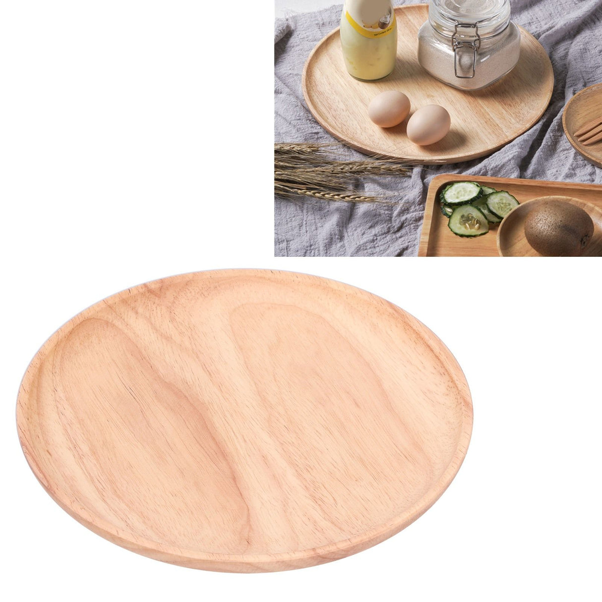 Rubber Wood Dinner Plate Round Tea Serving Tray Fruit Snack Tray Food Storage Plate24cm