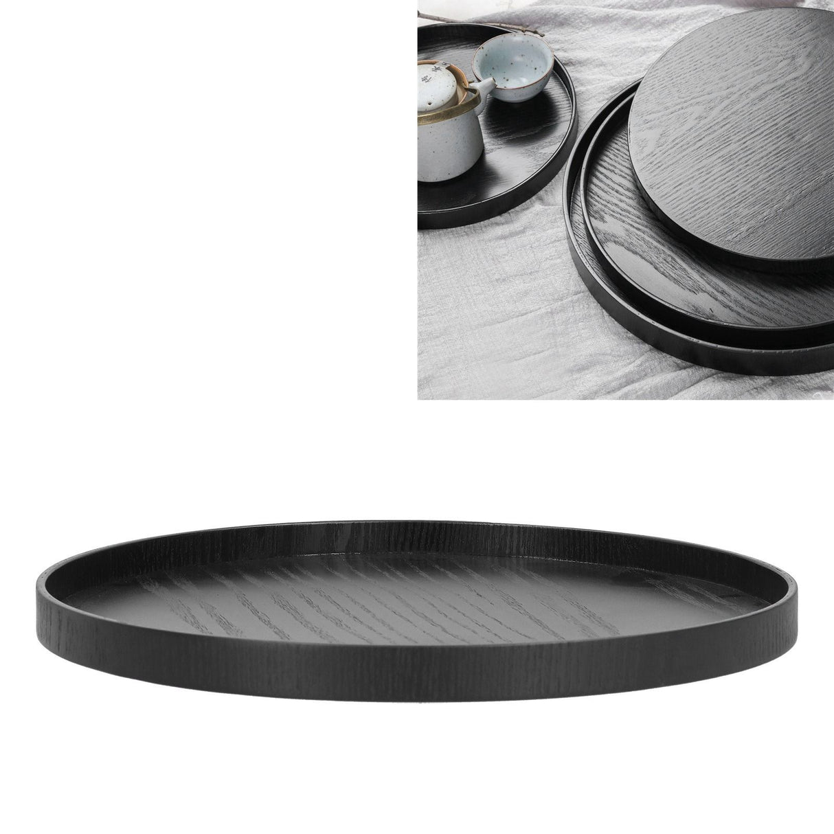 Round Wooden Food Fruit Serving Tray Service Plate for Home Kitchen Hotel Use Black27cm