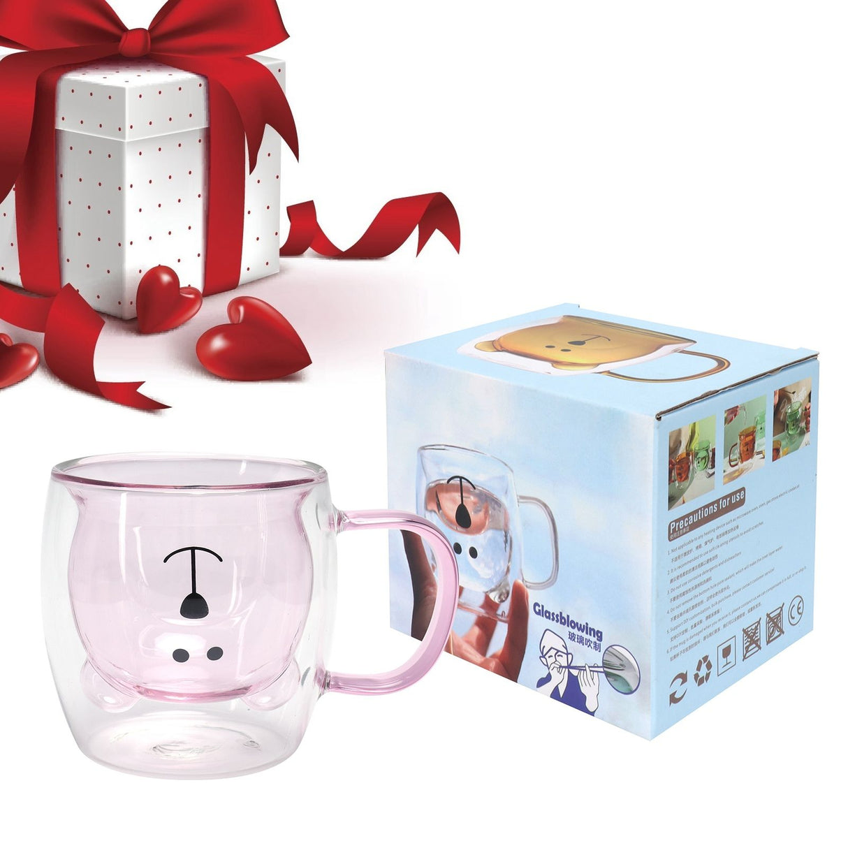 250ml Bear Shaped Glass Cup Double Wall Water Tea Coffee Milk Mug with Handle for HomePink